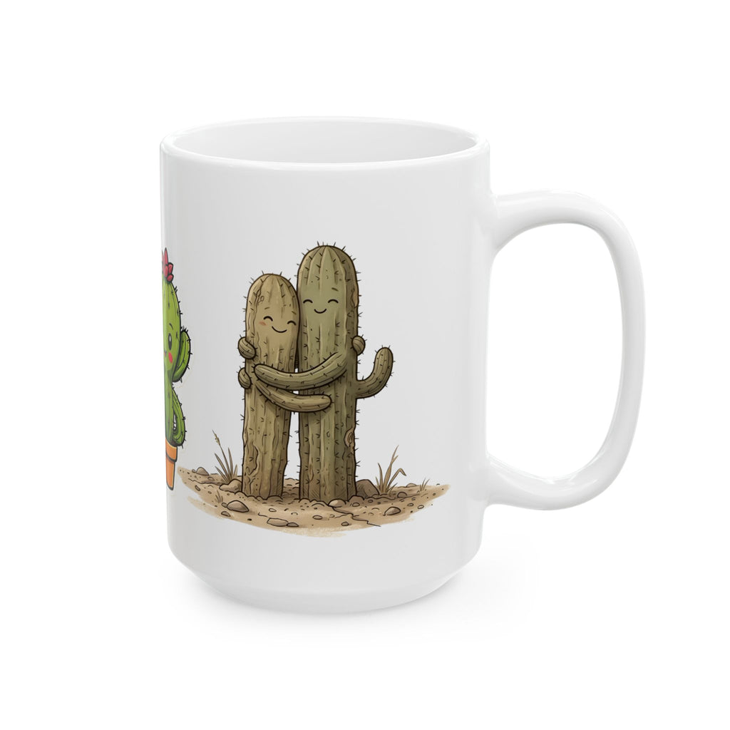 Cactus Couple White Ceramic Mug — Cute Potted Terracotta Tea Cup (11oz & 15oz)