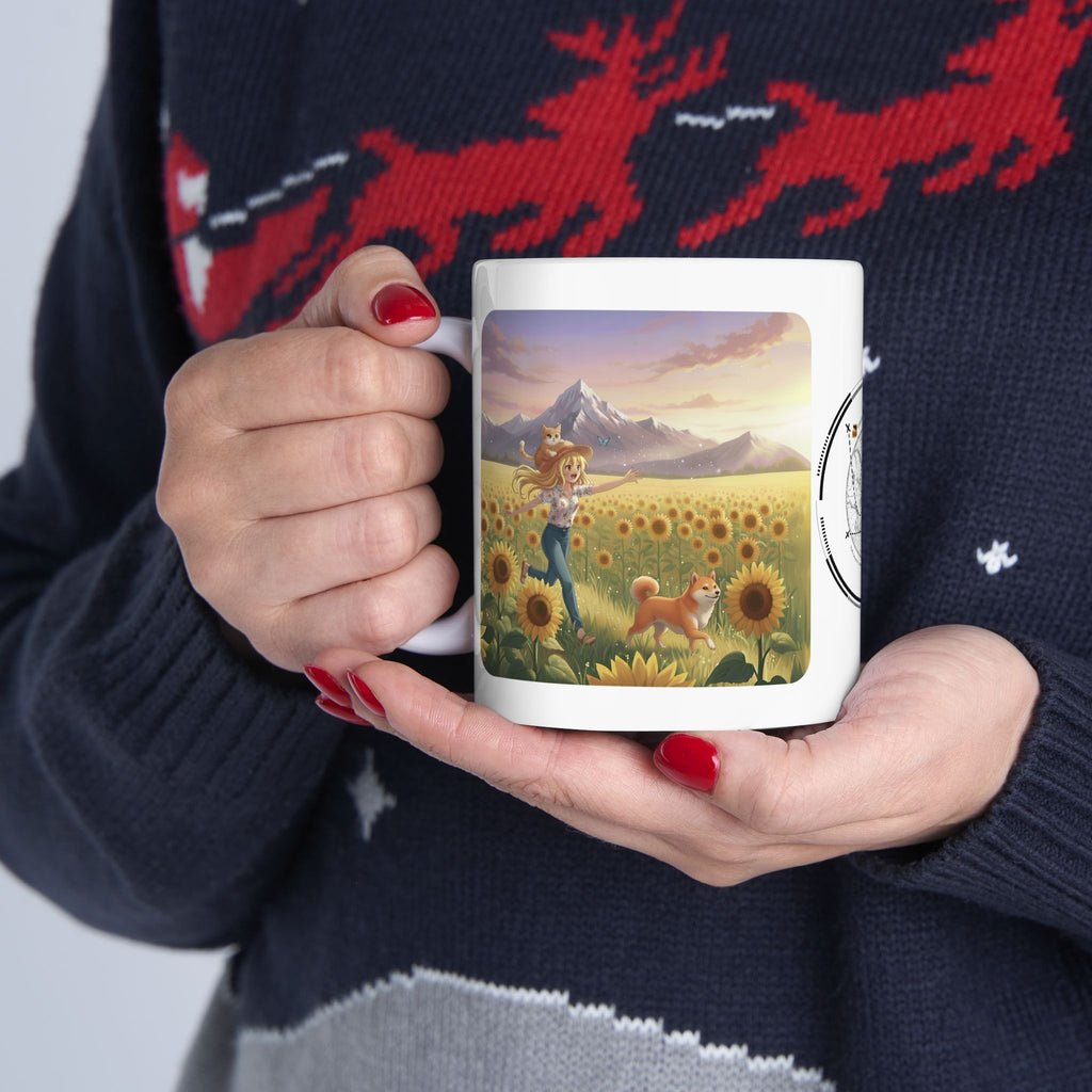 Shiba Inu Dog Orange Cat Sunset & Sunflower White Ceramic Mug — Peaceful Waves Anime Girl Boho Beach Vibes Cup (11oz, 15oz)