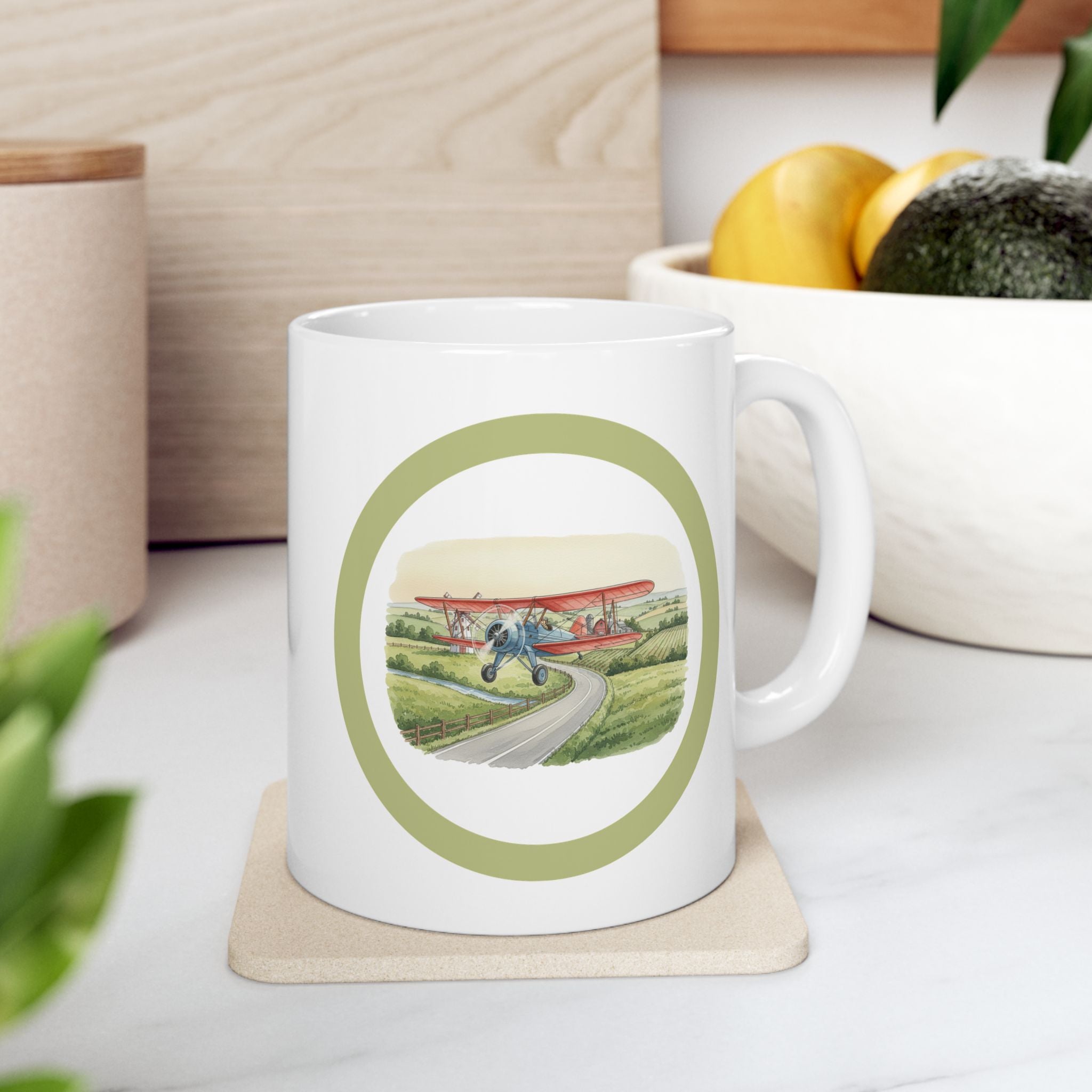 Countryside Airplane White Ceramic Mug — Vintage Biplane Landscape Tea Cup (11oz & 15oz)