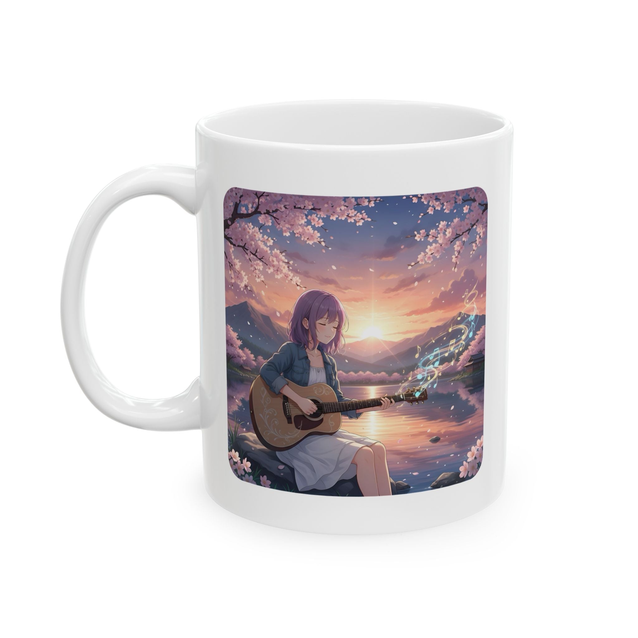 Cozy Sakura Guitarist Cherry Blossom White Ceramic Mug — Romantic Sunset Lake Melody Floral Tea Cup (11oz/15oz)