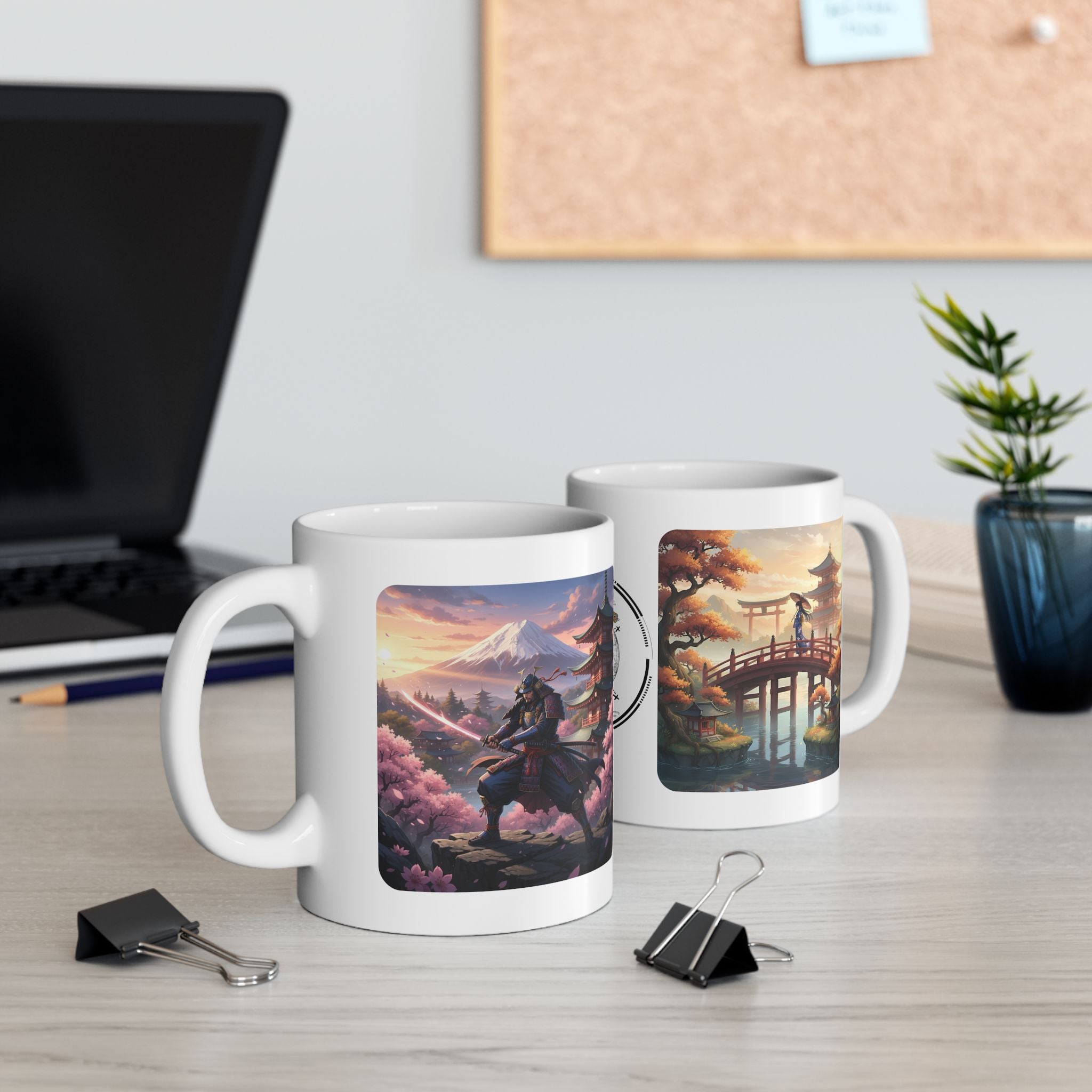 Japanese Samurai Cherry Blossom Love White Ceramic Mug (11oz/15oz),The Serene Path Mount Fuji Sunset Cup