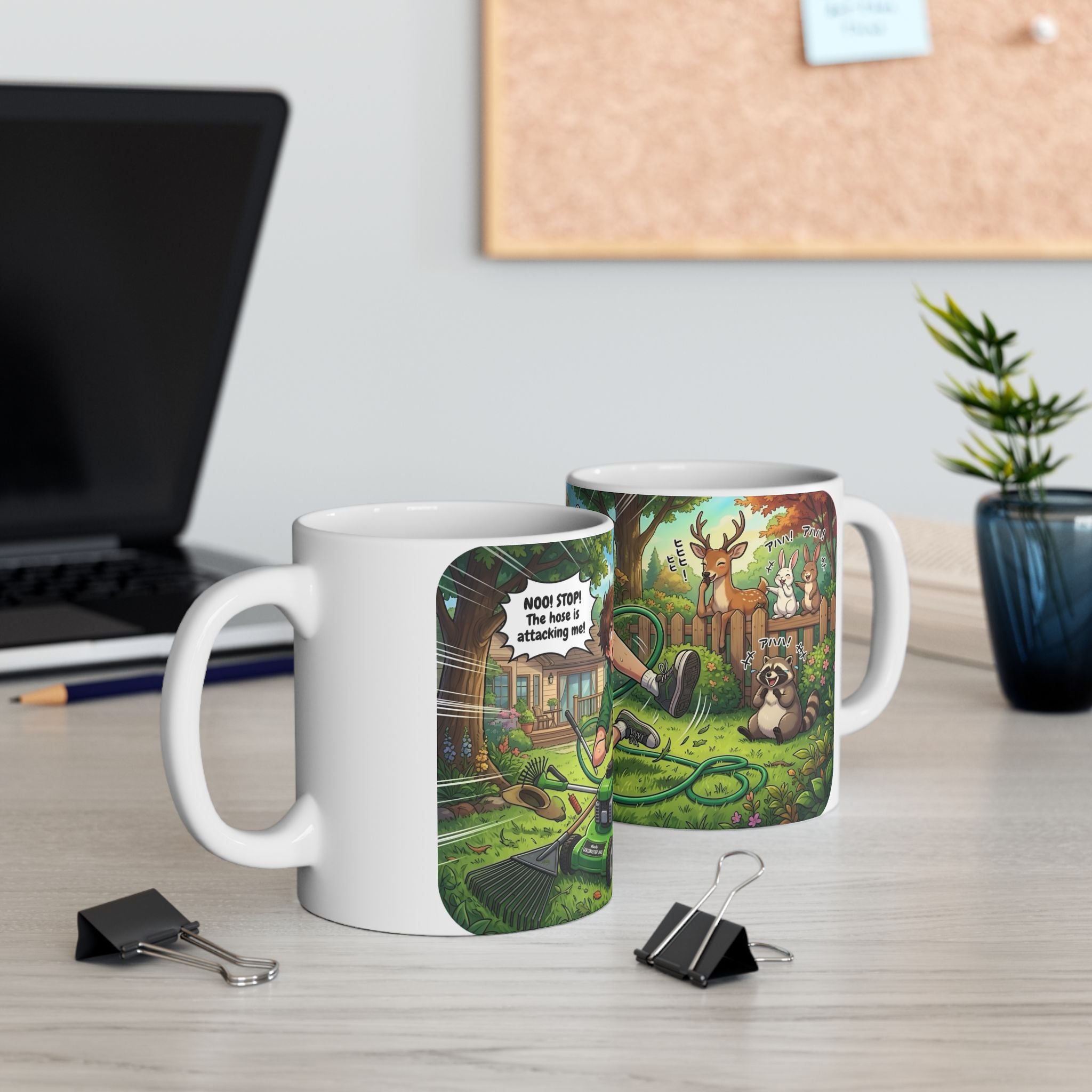 Funny Sunny Lawn Care White Ceramic Mug — Garden Hose Backyard Mishap Cup (11oz/15oz)