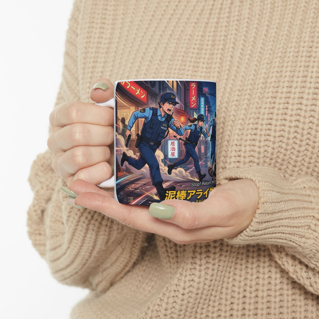 "Raccoon Chase" Anime City Police White Ceramic Mug (11oz/15oz), Urban Ringtails Cup