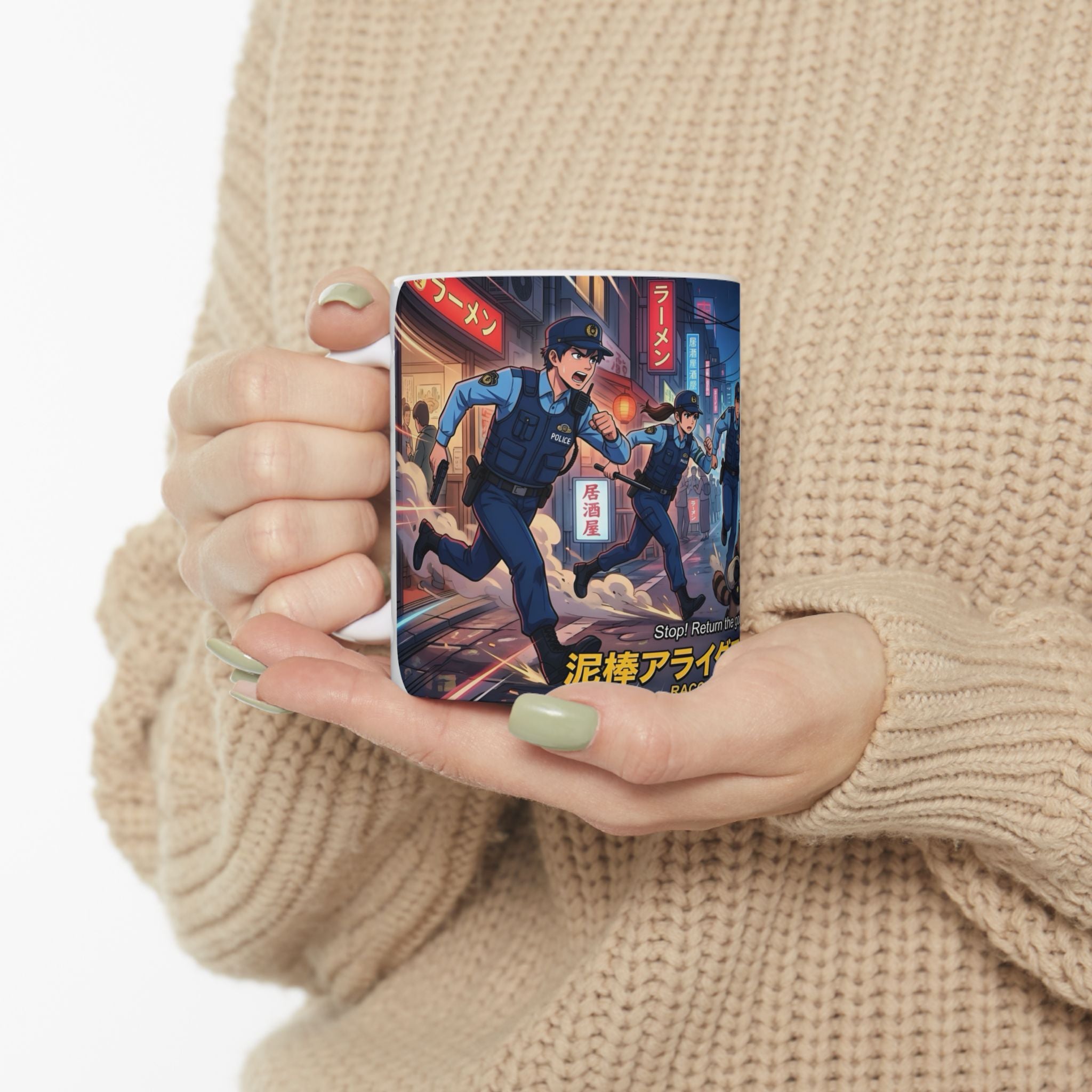 "Raccoon Chase" Anime City Police White Ceramic Mug (11oz/15oz), Urban Ringtails Cup