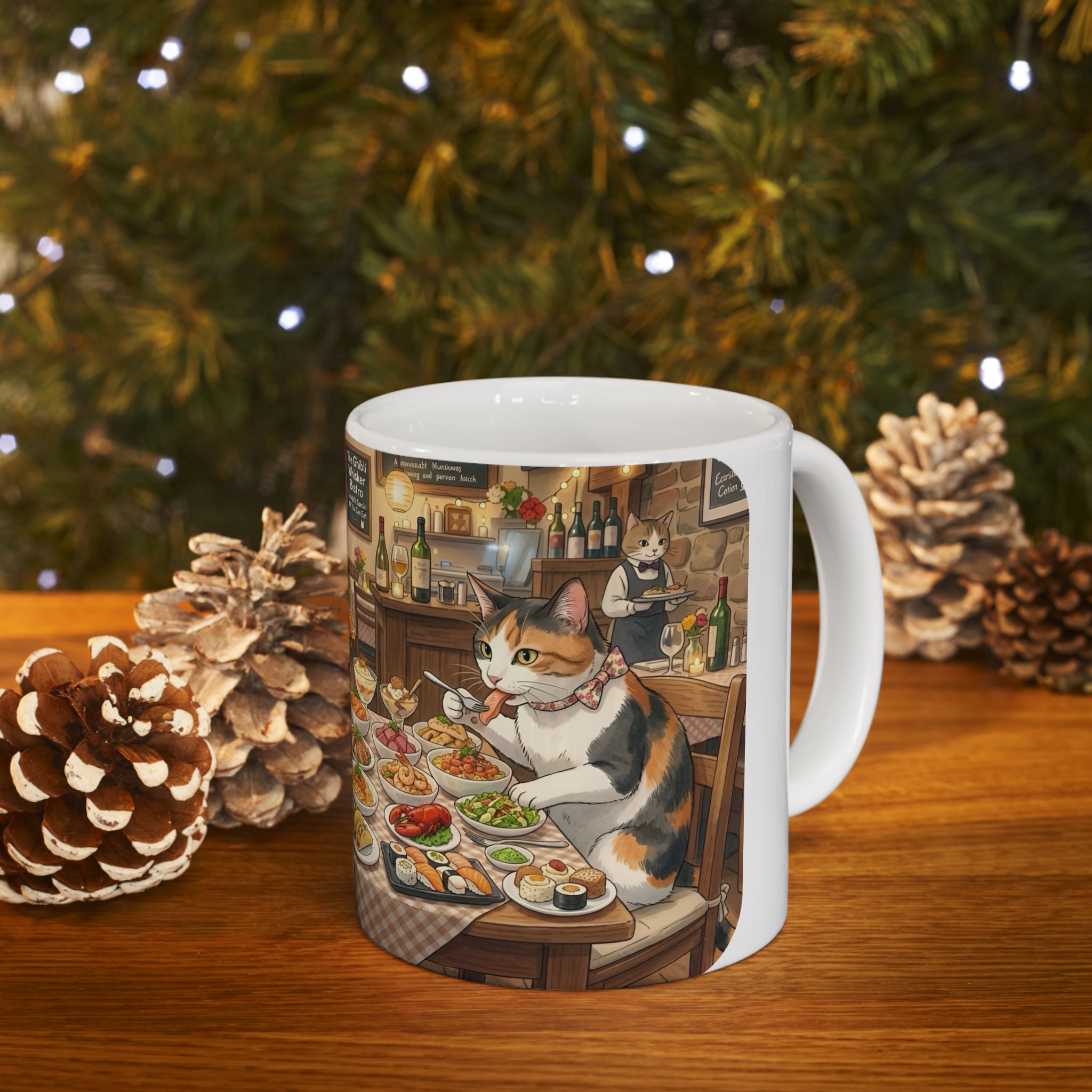 Cat Ghibli Whisker Bistro White Ceramic Mug — Cozy Feline Tapas Cafe Cup (11oz/15oz)