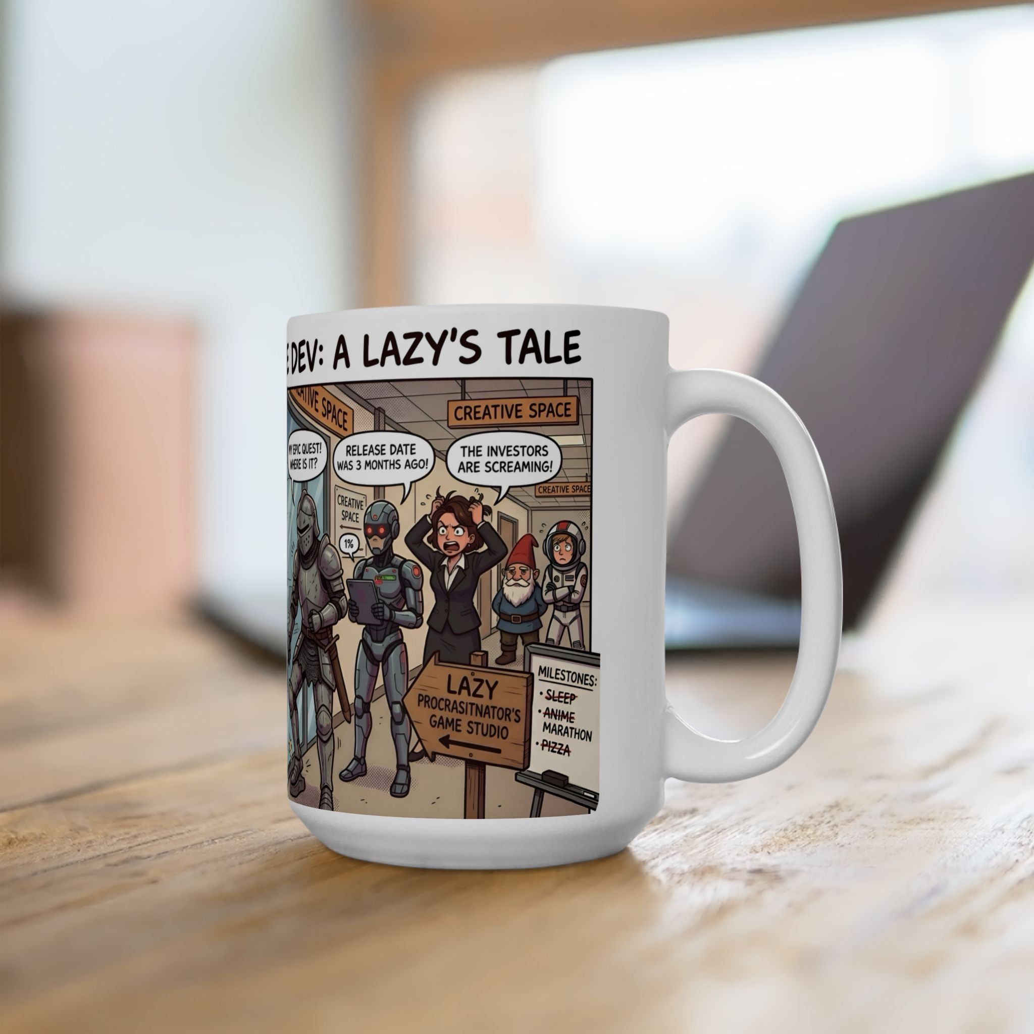 Humorous Game Developer White Ceramic Mug — 'The Life of the Indie Game Dev' Tea Cup (11oz/15oz)