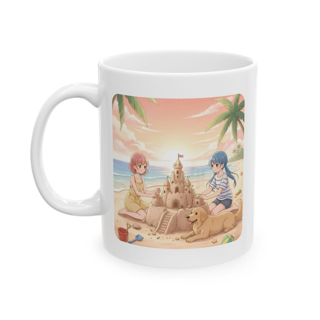 Sisters and BFF Summer Beach Sandcastle White Ceramic Mug — Tropical Manga Ocean Sunset and Golden Retriever Cup (11oz/15oz)