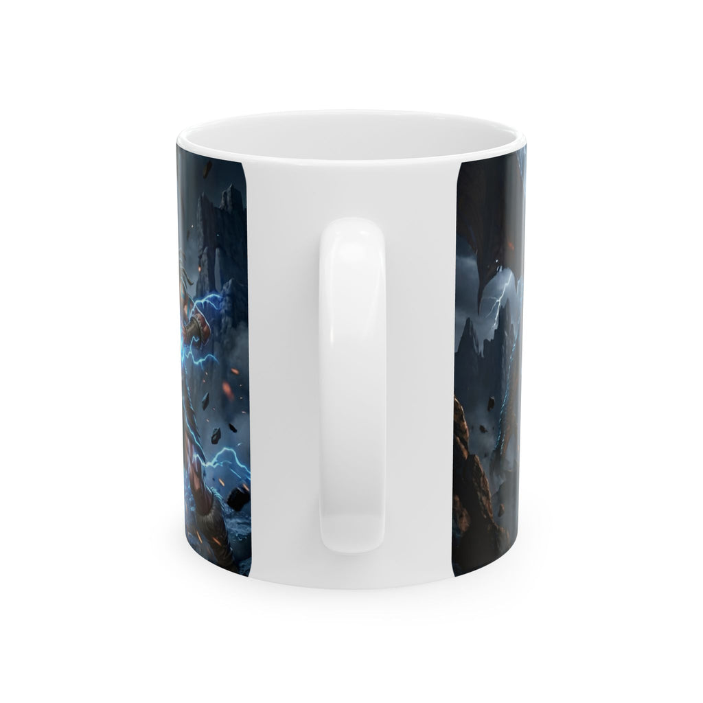 Dragon Battle #4 White Ceramic Mug — Epic Fantasy Gaming Adventure Scene (11oz, 15oz)