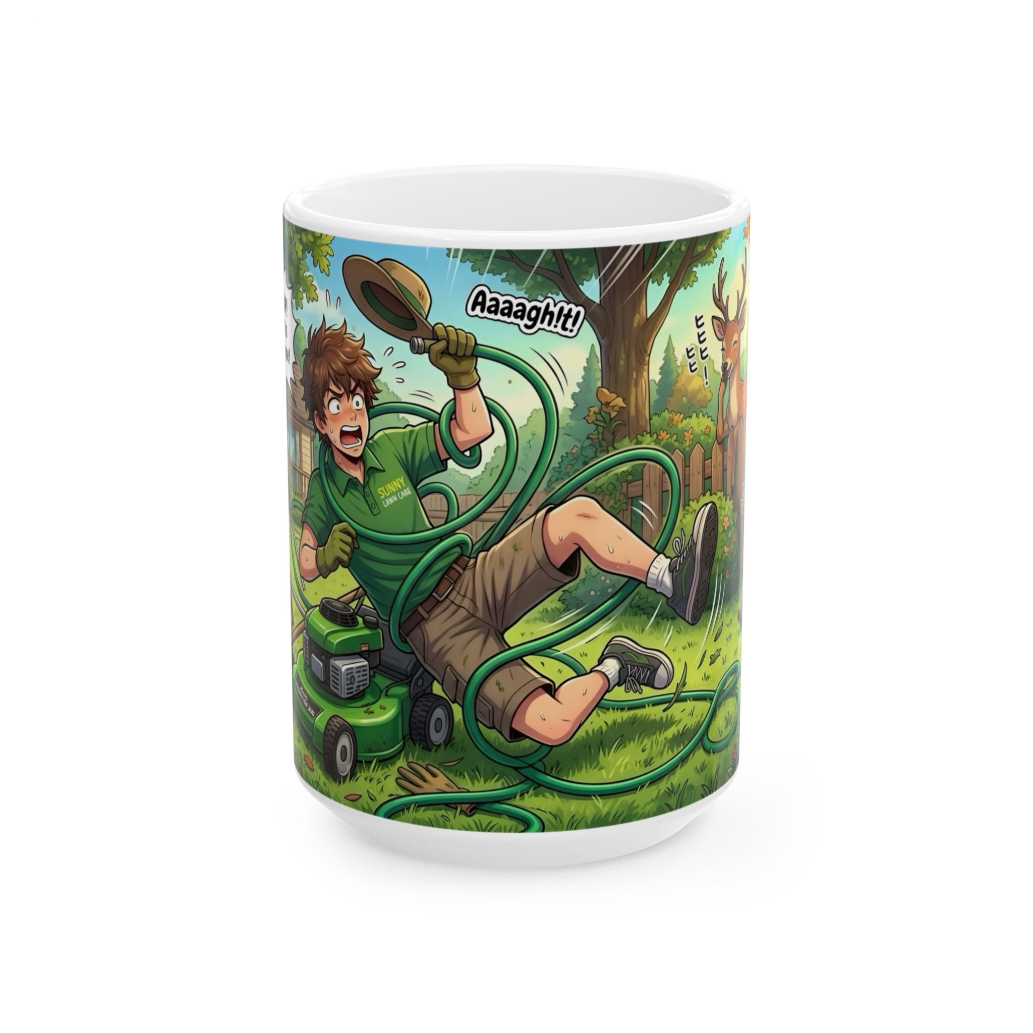 Funny Sunny Lawn Care White Ceramic Mug — Garden Hose Backyard Mishap Cup (11oz/15oz)