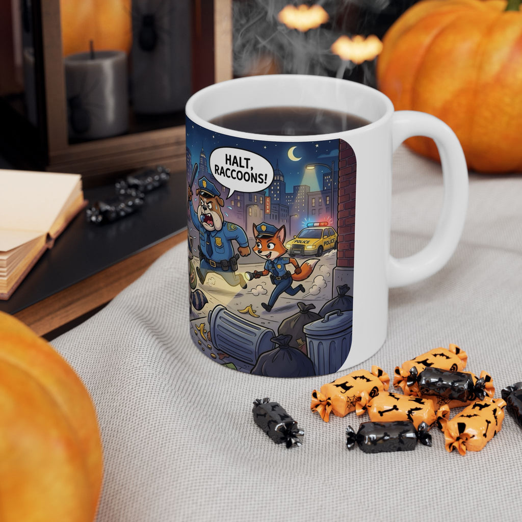 Rambunctious Ringtails White Ceramic Mug — Funny Raccoon Heist Night Scene Cup (11oz, 15oz)
