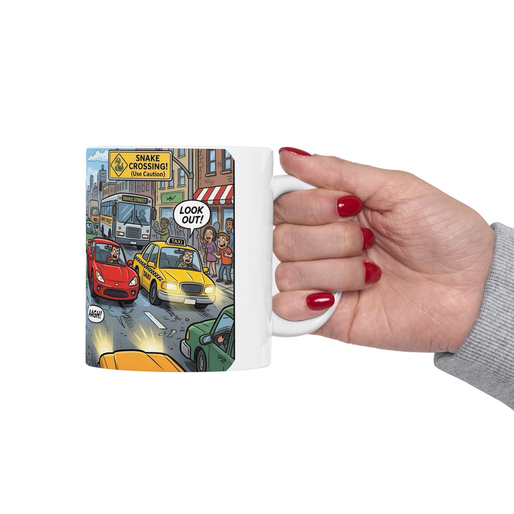 City Traffic & The Urban LandSnake White Ceramic Mug – Comical Reptile Road Chaos Cup (11oz, 15oz)