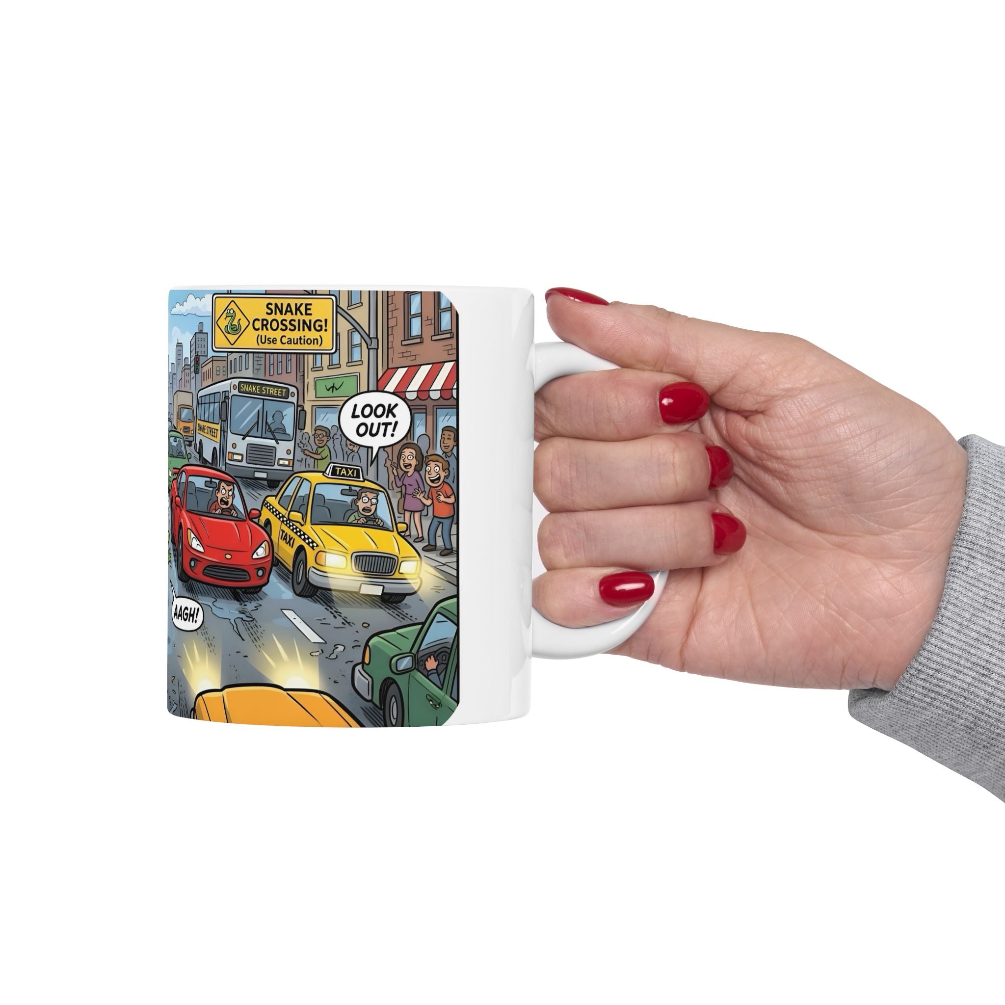City Traffic & The Urban LandSnake White Ceramic Mug – Comical Reptile Road Chaos Cup (11oz, 15oz)