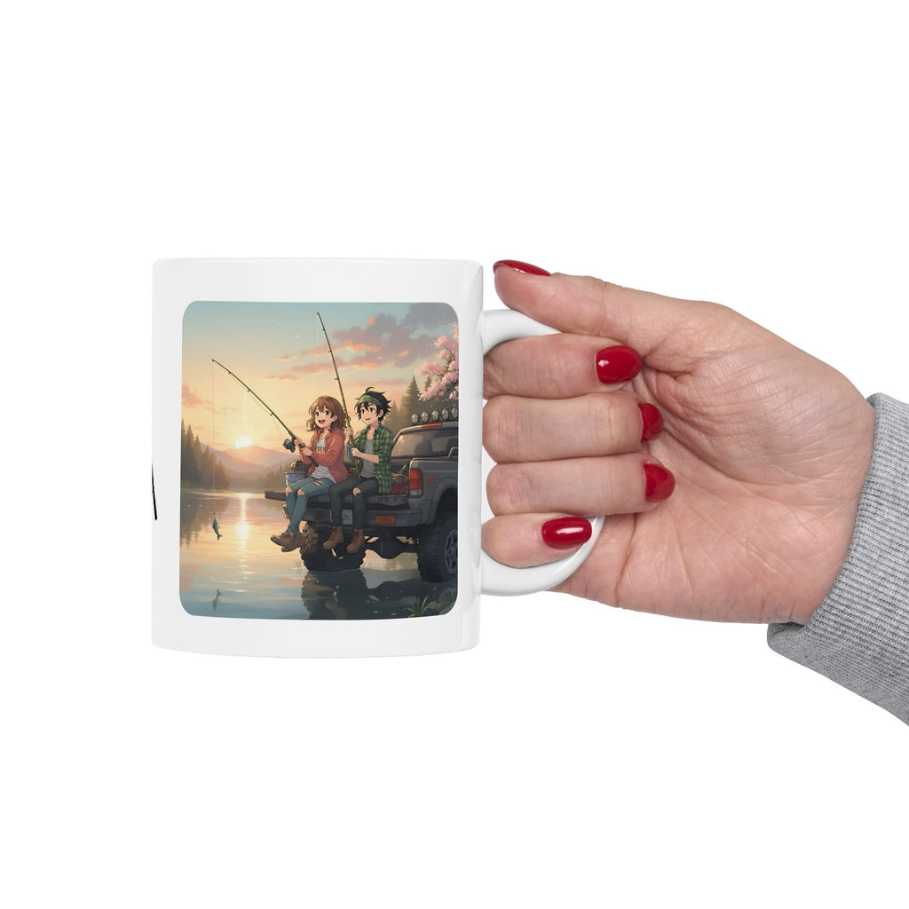 Romantic Sunset Lake Fishing Couple White Ceramic Mug — Sunrise Lake, Truck & Rod Anime Camping Adventure 11oz/15oz