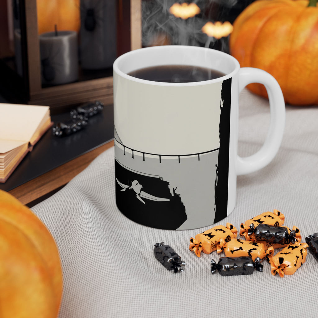 City Bridge Silhouette Scenic White Ceramic Mug – Waterfront Battleship View Cup (11 oz, 15 oz)