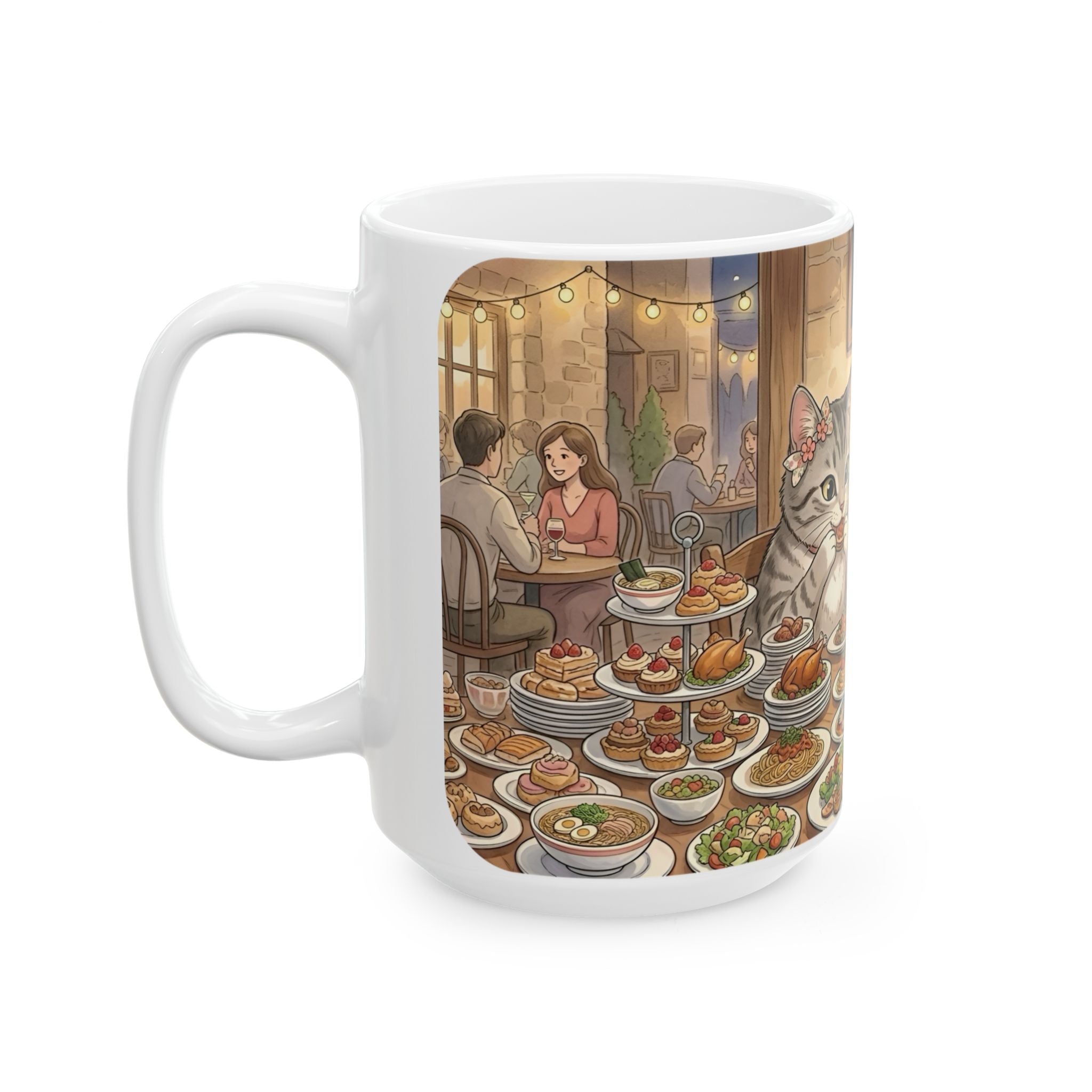 Cat Cafe Breakfast White Ceramic Mug — Cute Cats Dining Tea Cup (11oz/15oz)