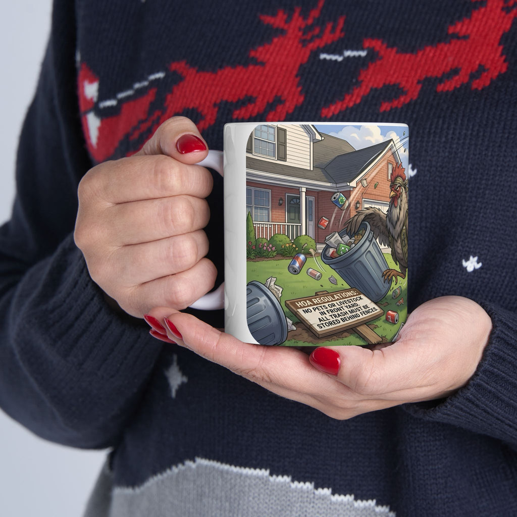 Rooster Rebellion White Ceramic Mug – Funny Morning HOA Trouble Cup (11oz/15oz)