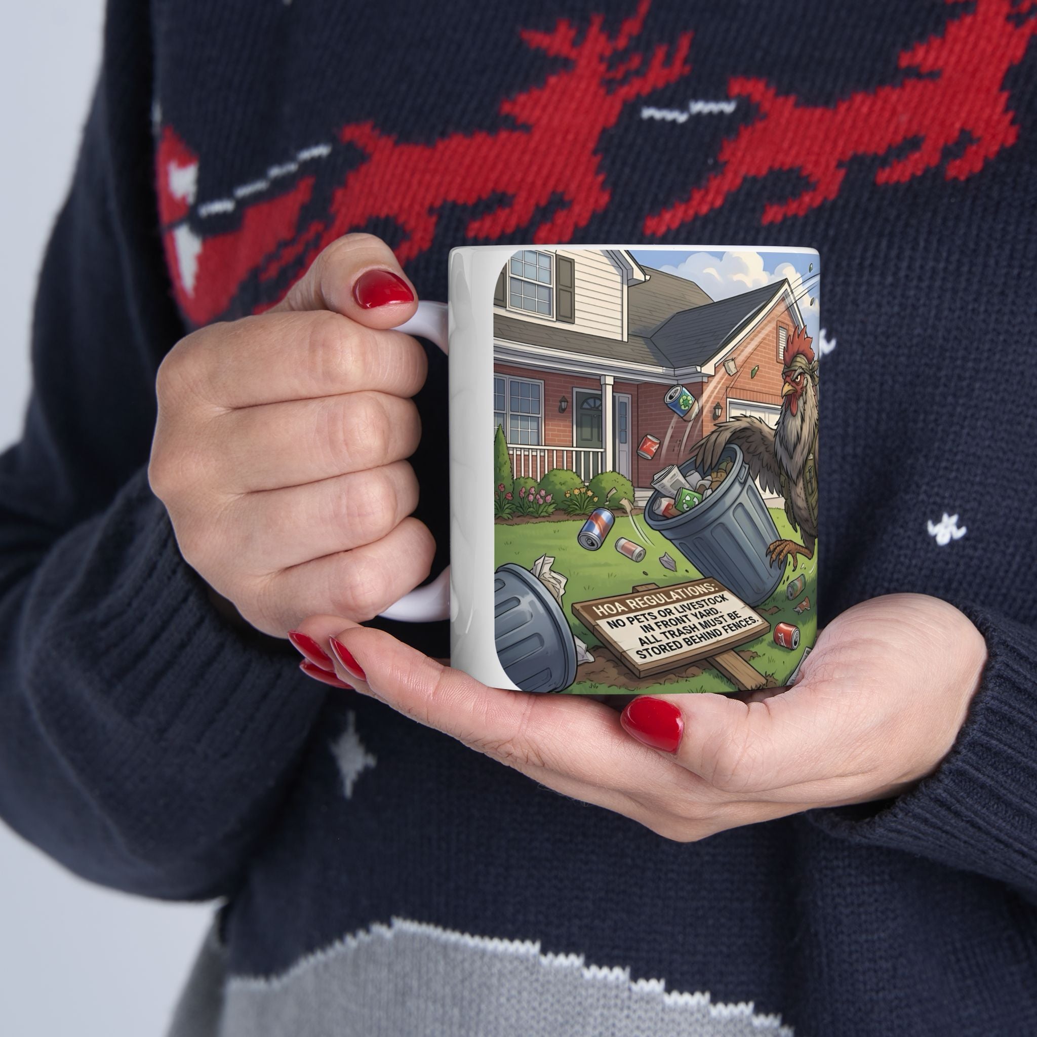 Rooster Rebellion White Ceramic Mug – Funny Morning HOA Trouble Cup (11oz/15oz)