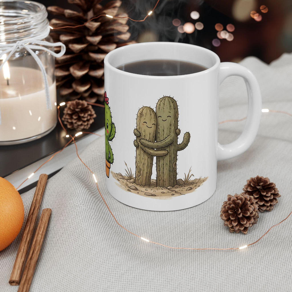 Cactus Couple White Ceramic Mug — Cute Potted Terracotta Tea Cup (11oz & 15oz)