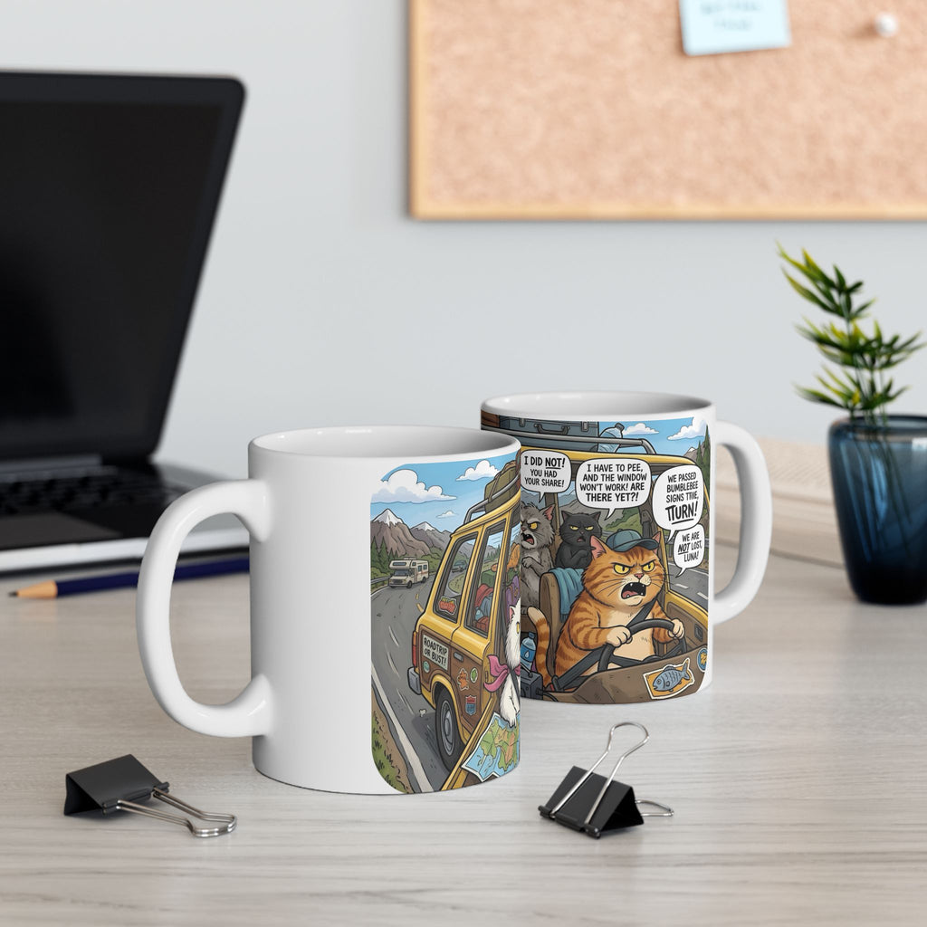Funny Cat Road Trip White Ceramic Mug — Catnip Kitties Arguing Over Snacks Cup (11oz/15oz)