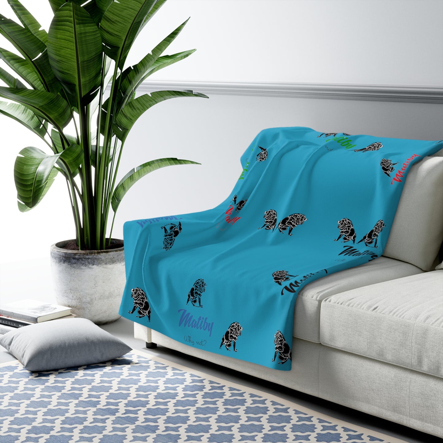 Matiby Lion Teal Sherpa Fleece Blanket