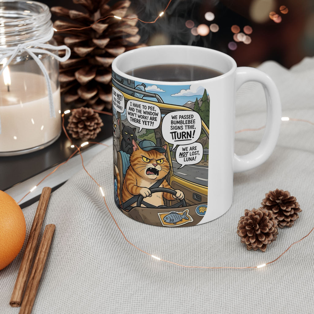 Funny Cat Road Trip White Ceramic Mug — Catnip Kitties Arguing Over Snacks Cup (11oz/15oz)