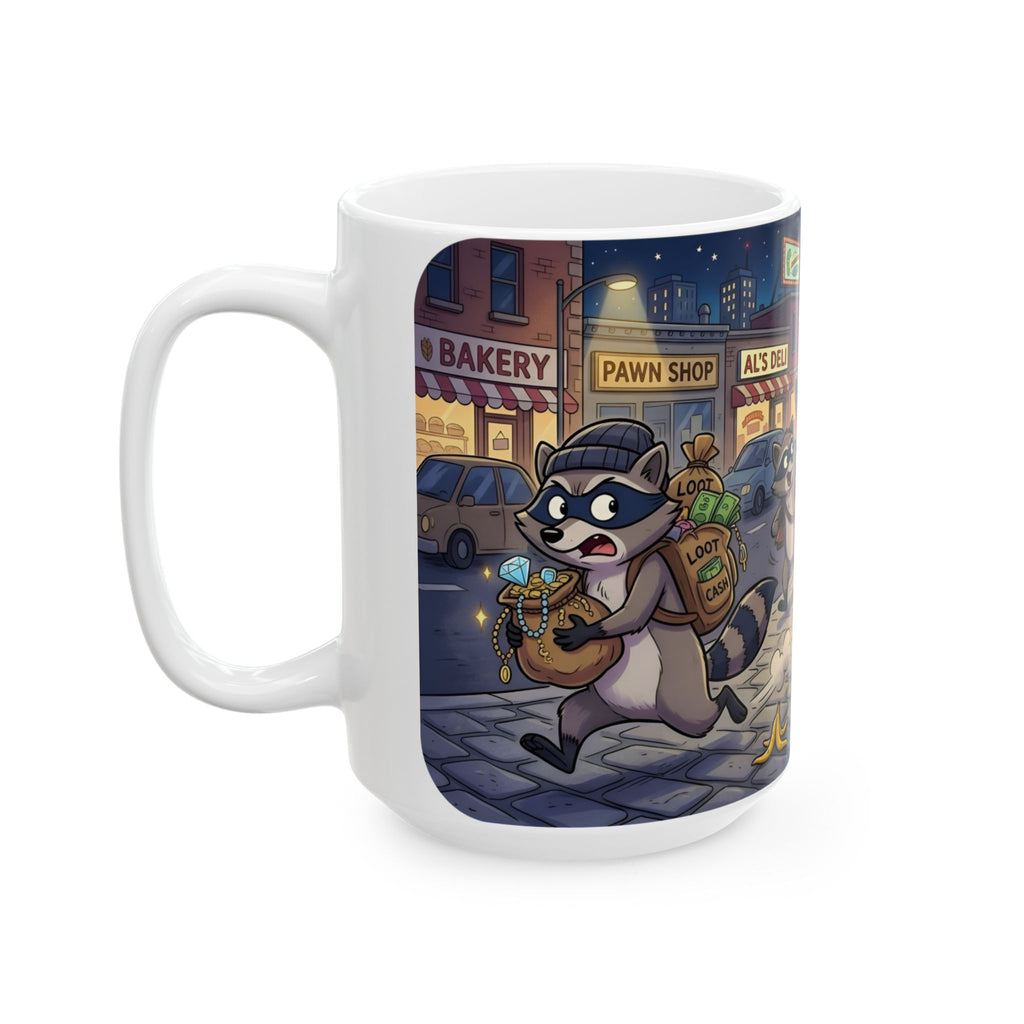 Rambunctious Ringtails White Ceramic Mug — Funny Raccoon Heist Night Scene Cup (11oz, 15oz)