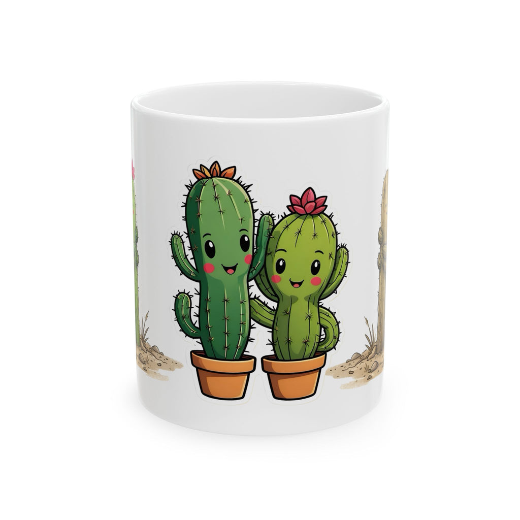 Cactus Couple White Ceramic Mug — Cute Potted Terracotta Tea Cup (11oz & 15oz)