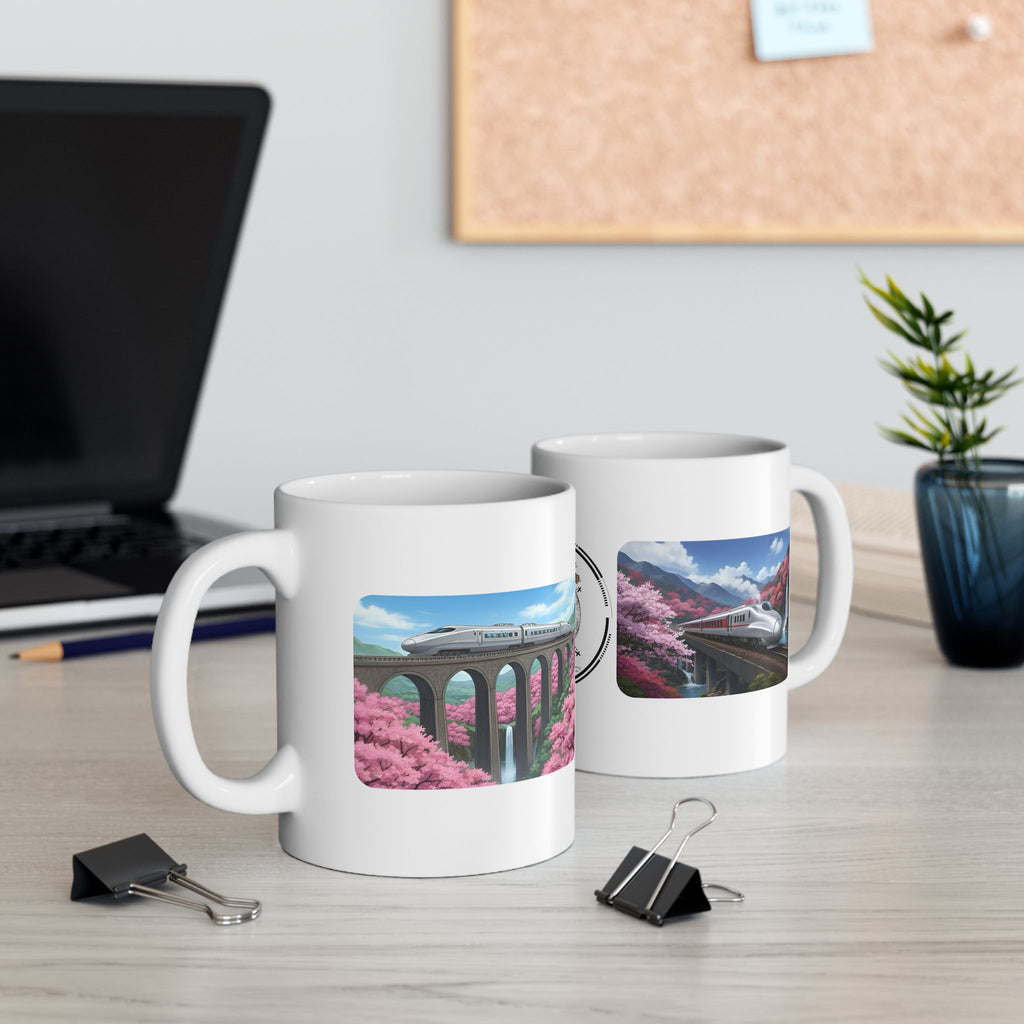 Springtime Cherry Blossom Bullet Train Express White Ceramic Mug, Serene Mountain Viaduct Sakura Railway Cup (11oz/15oz)
