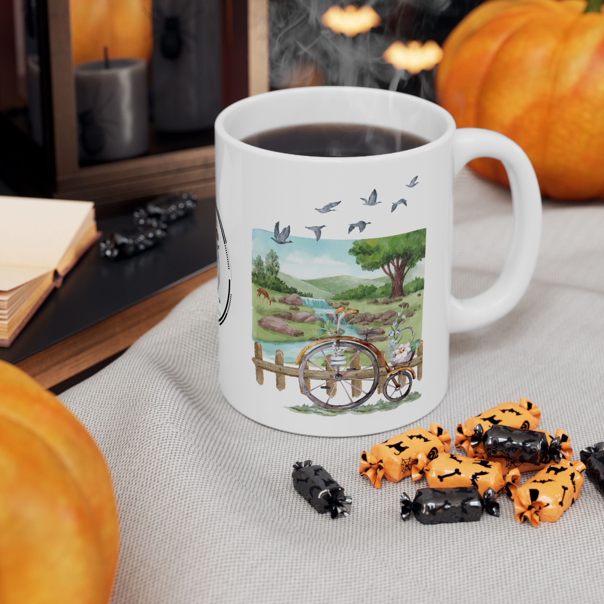 Peaceful Forest White Ceramic Mug — Aesthetic Nature Scenery Cup (11oz/15oz)