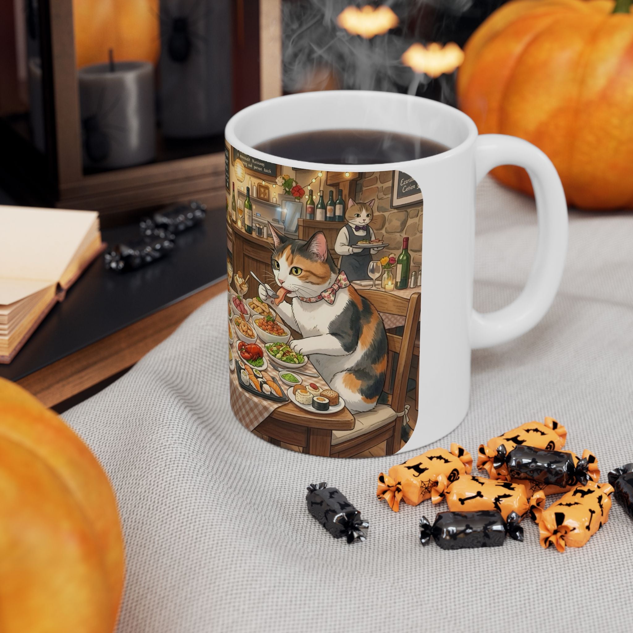 Cat Ghibli Whisker Bistro White Ceramic Mug — Cozy Feline Tapas Cafe Cup (11oz/15oz)