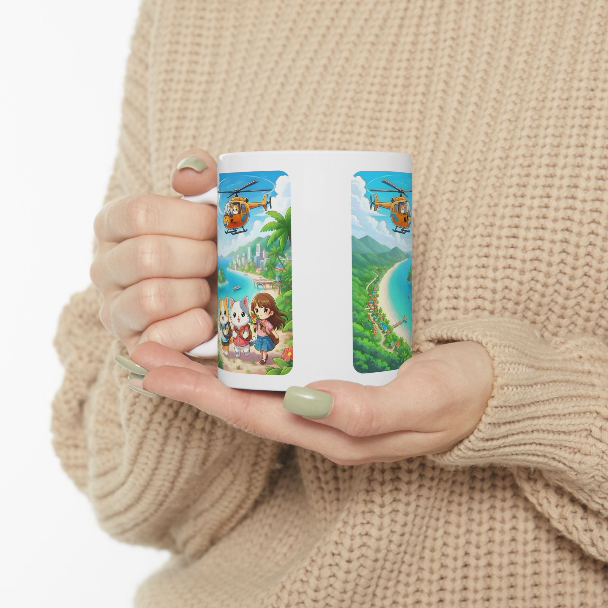 Tropical Chibi Cats Helicopter Adventure White Ceramic Mug — Kawaii Cats Hot Air Balloon Summer Cup (11oz & 15oz)