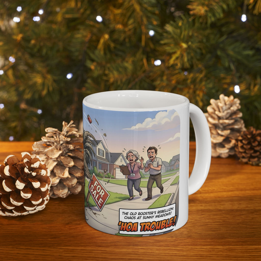 Rooster Rebellion White Ceramic Mug – Funny Morning HOA Trouble Cup (11oz/15oz)