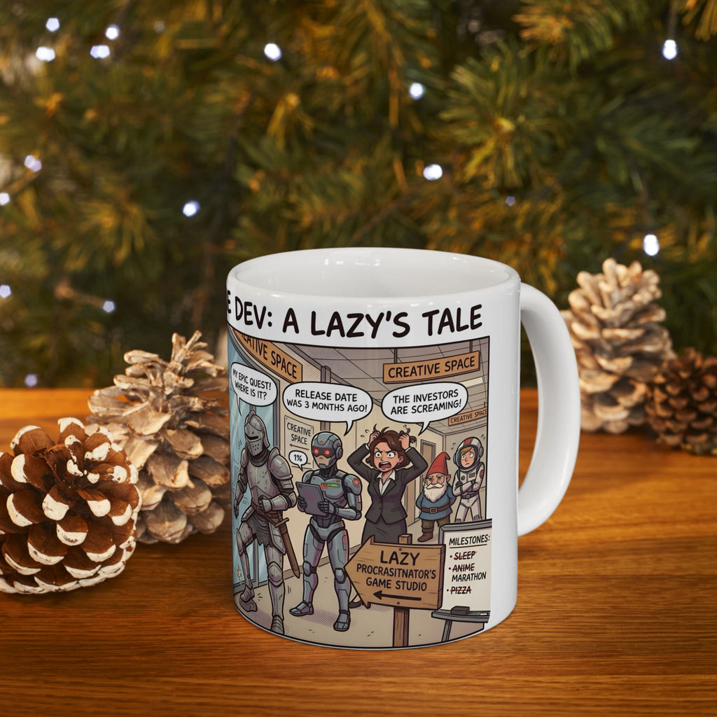 Humorous Game Developer White Ceramic Mug — 'The Life of the Indie Game Dev' Tea Cup (11oz/15oz)