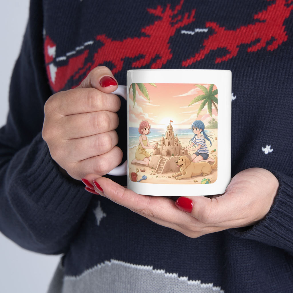 Sisters and BFF Summer Beach Sandcastle White Ceramic Mug — Tropical Manga Ocean Sunset and Golden Retriever Cup (11oz/15oz)