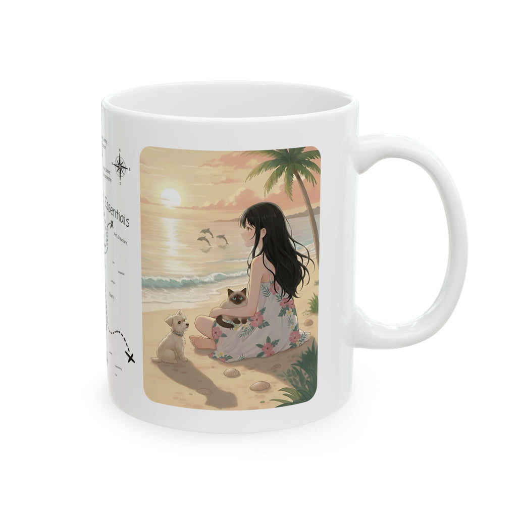 West Highland Terrier Dog, Siamese and Tabby Cats Coastal Decor White Ceramic Mug, Cozy Tropical Seascape Anime Girl Sunset Cup (11oz, 15oz)