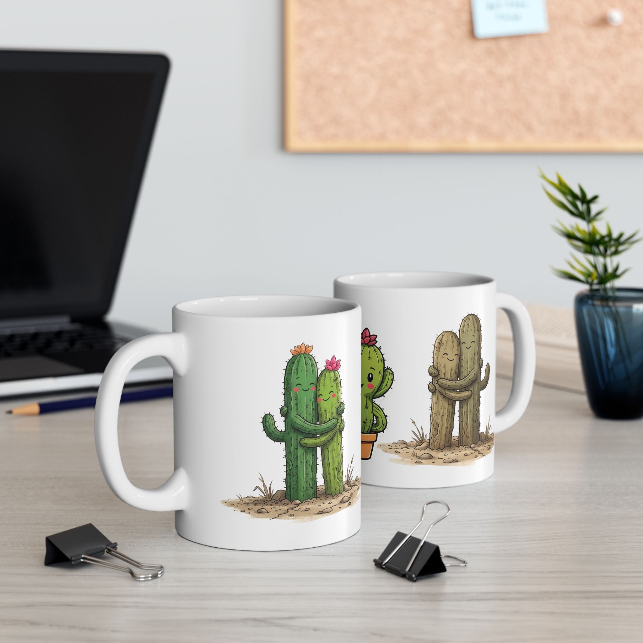 Cactus Couple White Ceramic Mug — Cute Potted Terracotta Tea Cup (11oz & 15oz)