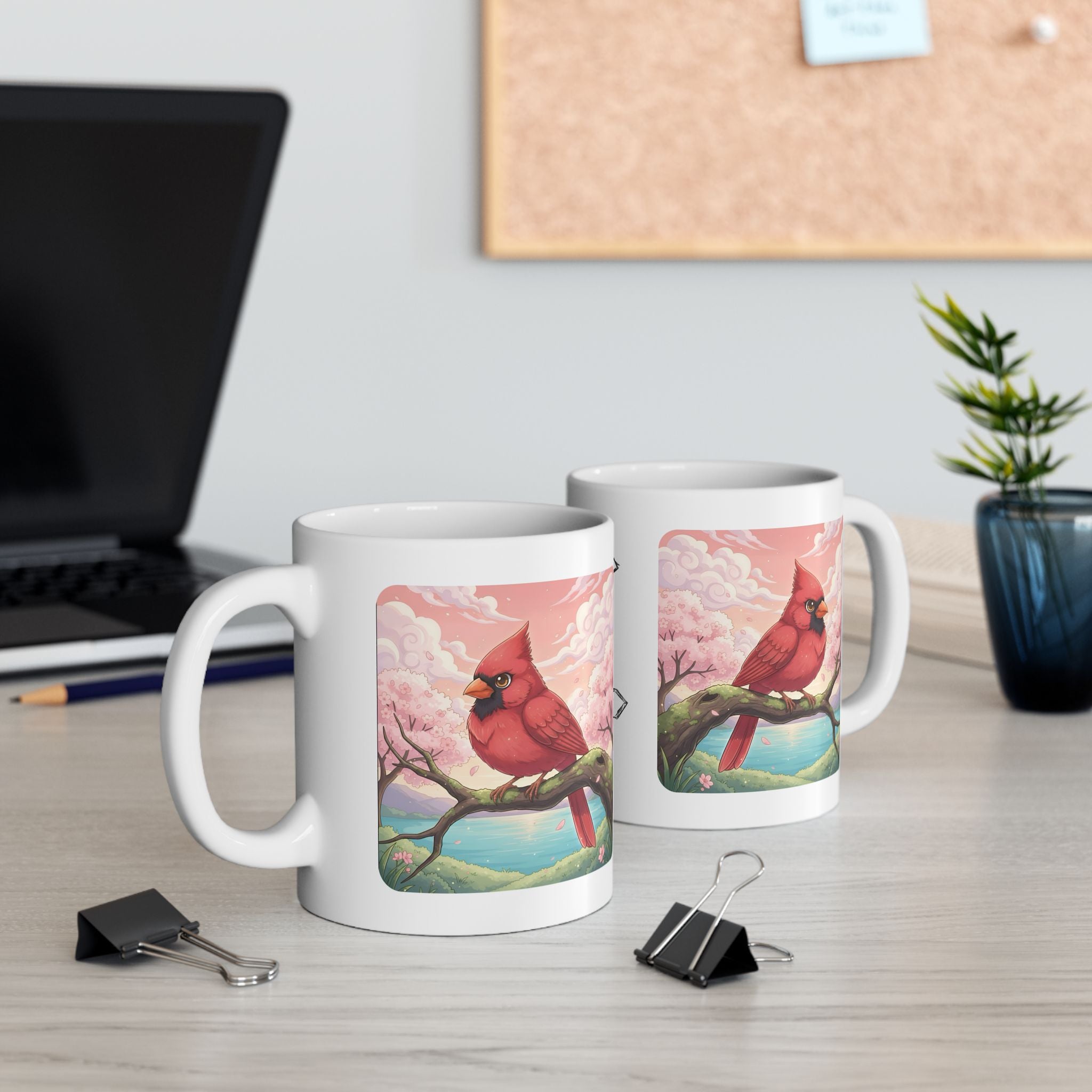 Kawaii Red Cardinal Quiet Moments White Ceramic Mug in Sakura Japan, Cozy Sakura Serenity Japanese Cherry Blossom Landscape Cup, 11oz & 15oz