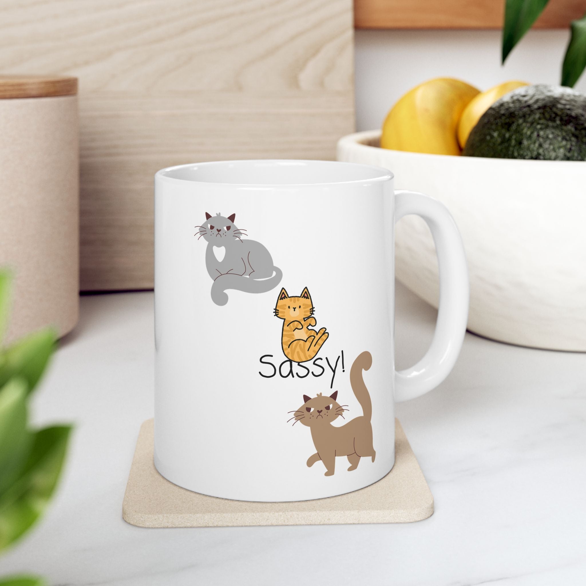 Sassy Cats White Ceramic Mug — Cute Felines Tea Cup (11oz, 15oz)