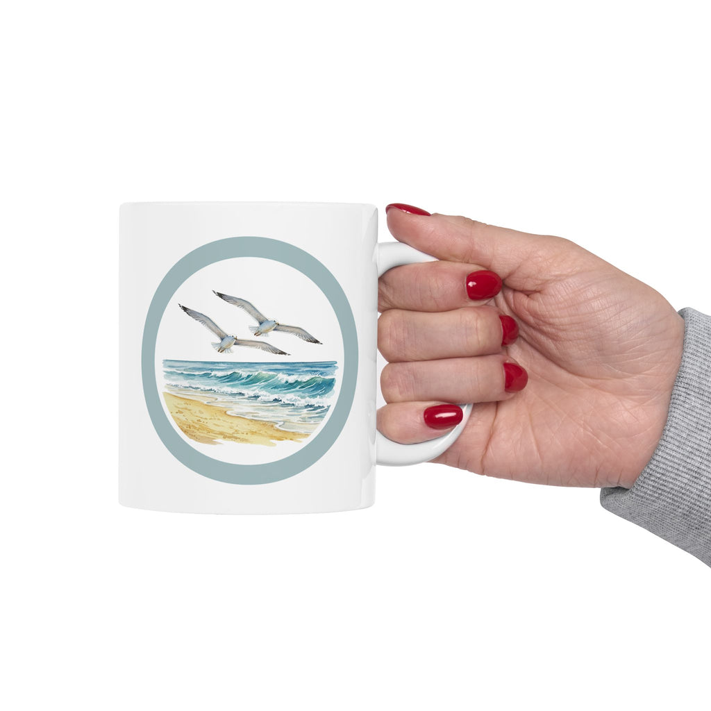 Ocean Seagulls White Ceramic Mug - Beach Watercolor Tea Cup (11oz, 15oz)
