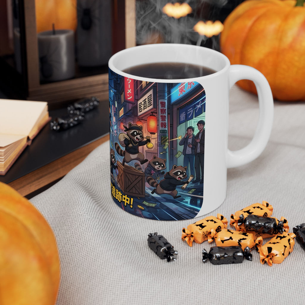 "Raccoon Chase" Anime City Police White Ceramic Mug (11oz/15oz), Urban Ringtails Cup