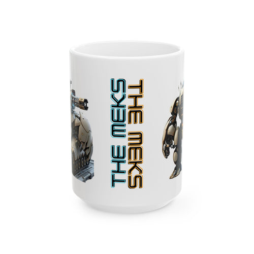 'The Meks' Sci‑Fi Mech Robot #5 White Ceramic Mug (11oz & 15oz)