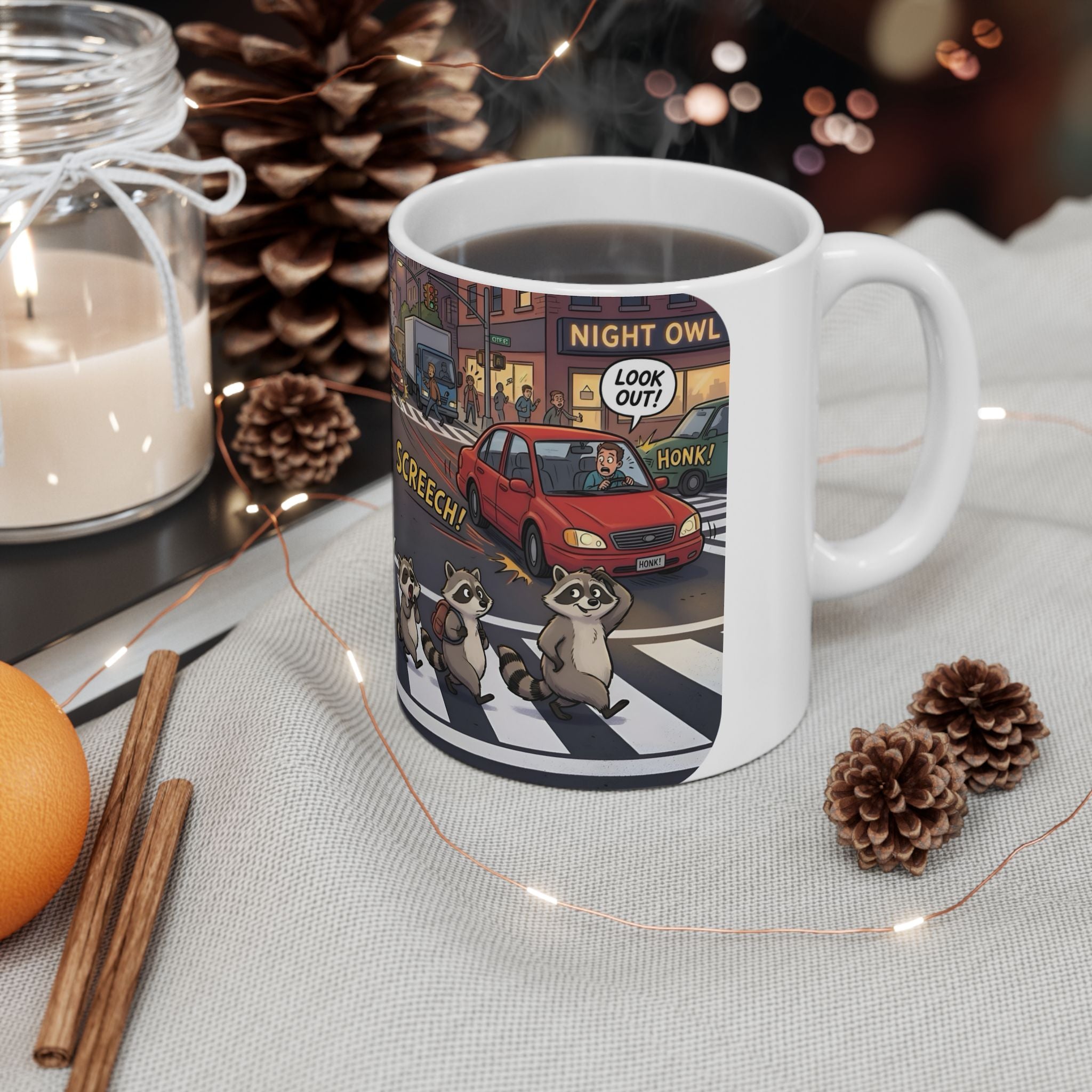 Raccoon Crosswalk White Ceramic Mug (11oz/15oz) – Cute Urban Wildlife Tea Cup