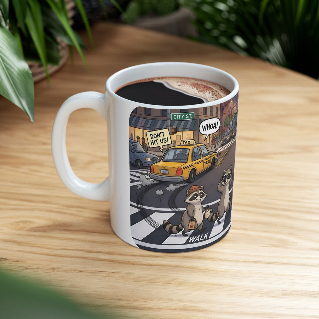 Raccoon Crosswalk White Ceramic Mug (11oz/15oz) – Cute Urban Wildlife Tea Cup