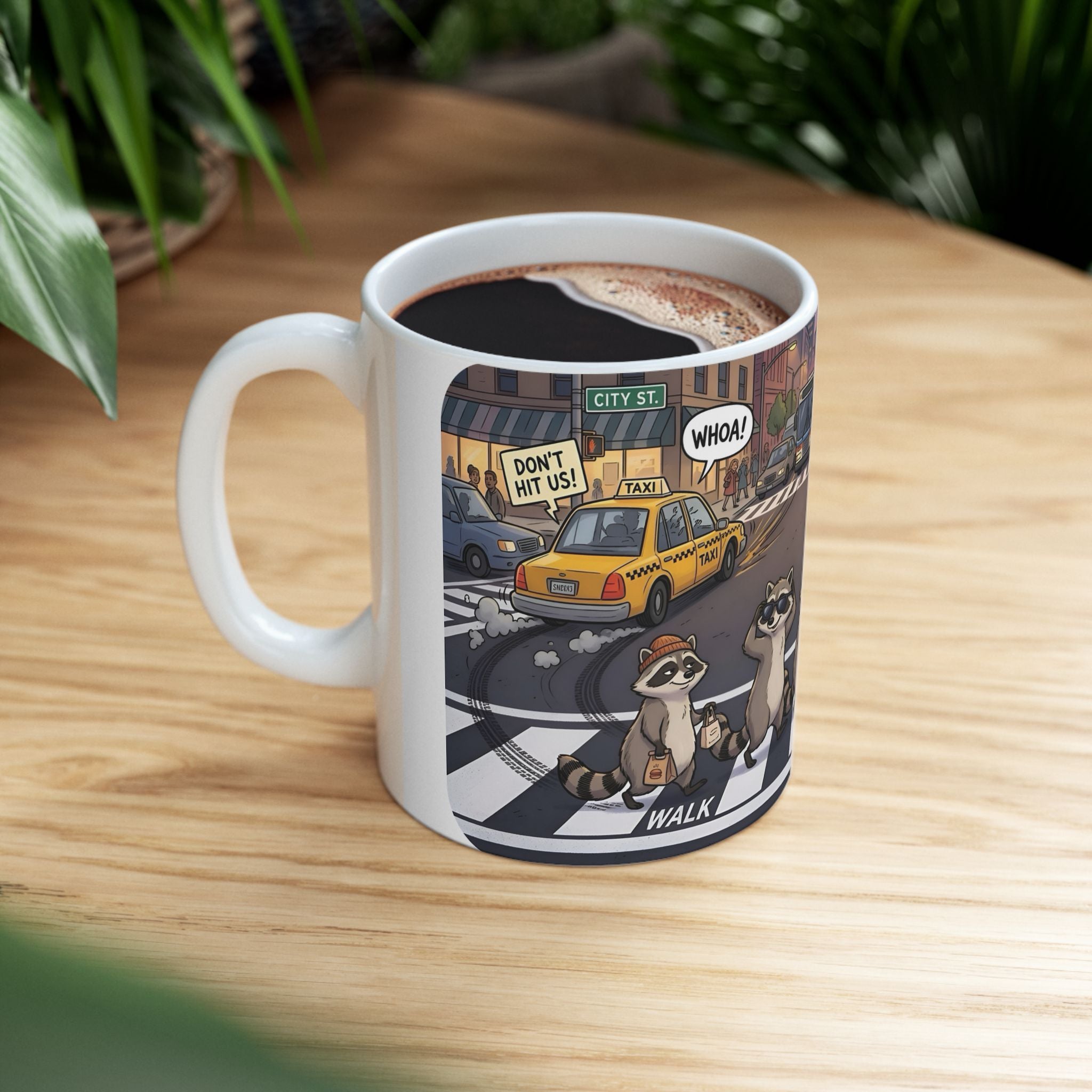 Raccoon Crosswalk White Ceramic Mug (11oz/15oz) – Cute Urban Wildlife Tea Cup