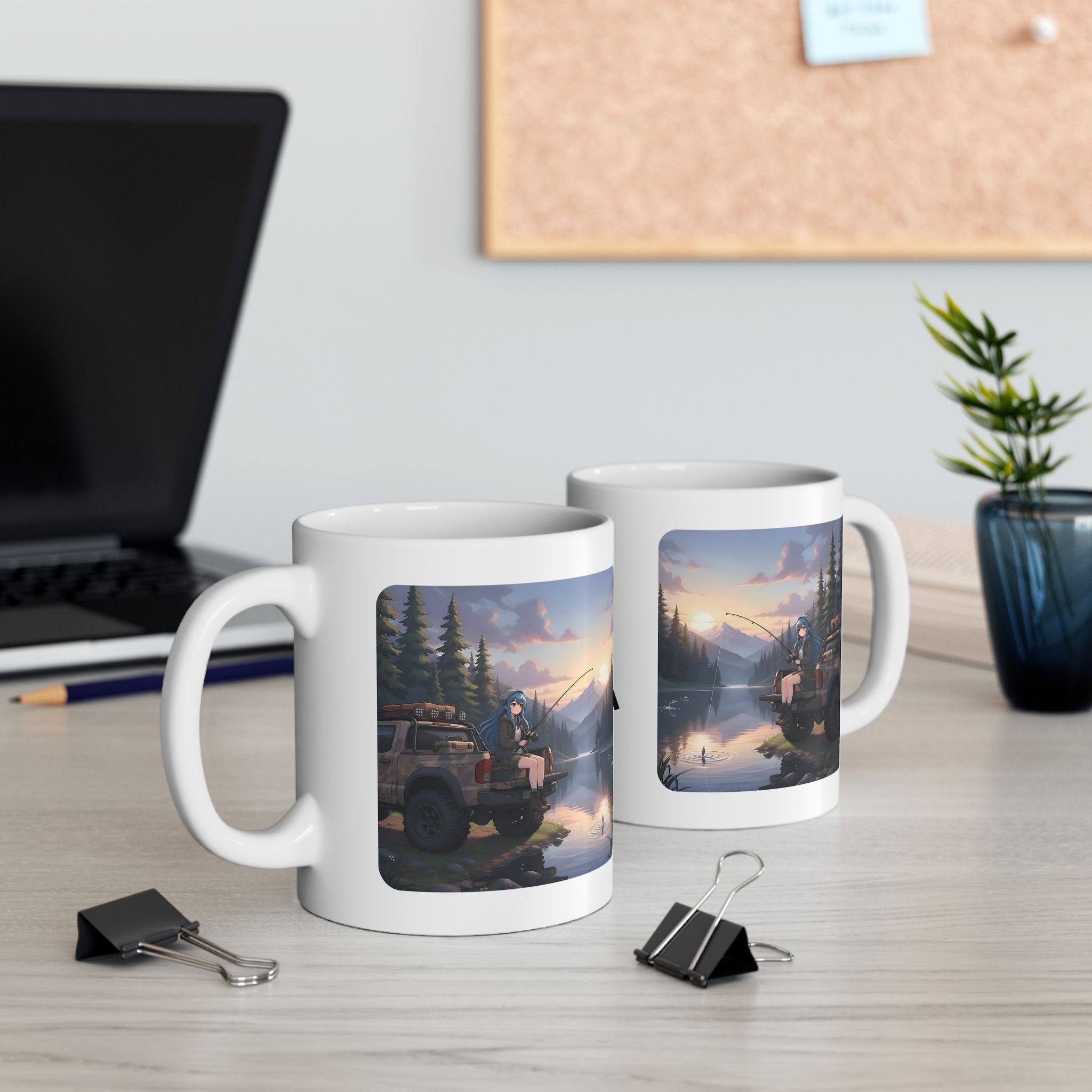 Cozy Anime Girl Tailgate Fishing Adventure White Ceramic Mug — Vintage Truck, Lake Sunrise Tea Cup (11oz/15oz)