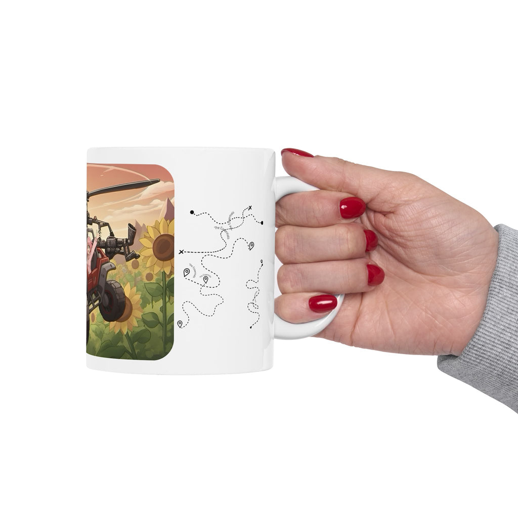 Joyful Flying Cars & Sunflower Meadows White Ceramic Mug – Friends, Family & Imaginative Adventures, Celebrating Companionship, Creativity & Life’s Little Wonders Cup (11oz/15oz)