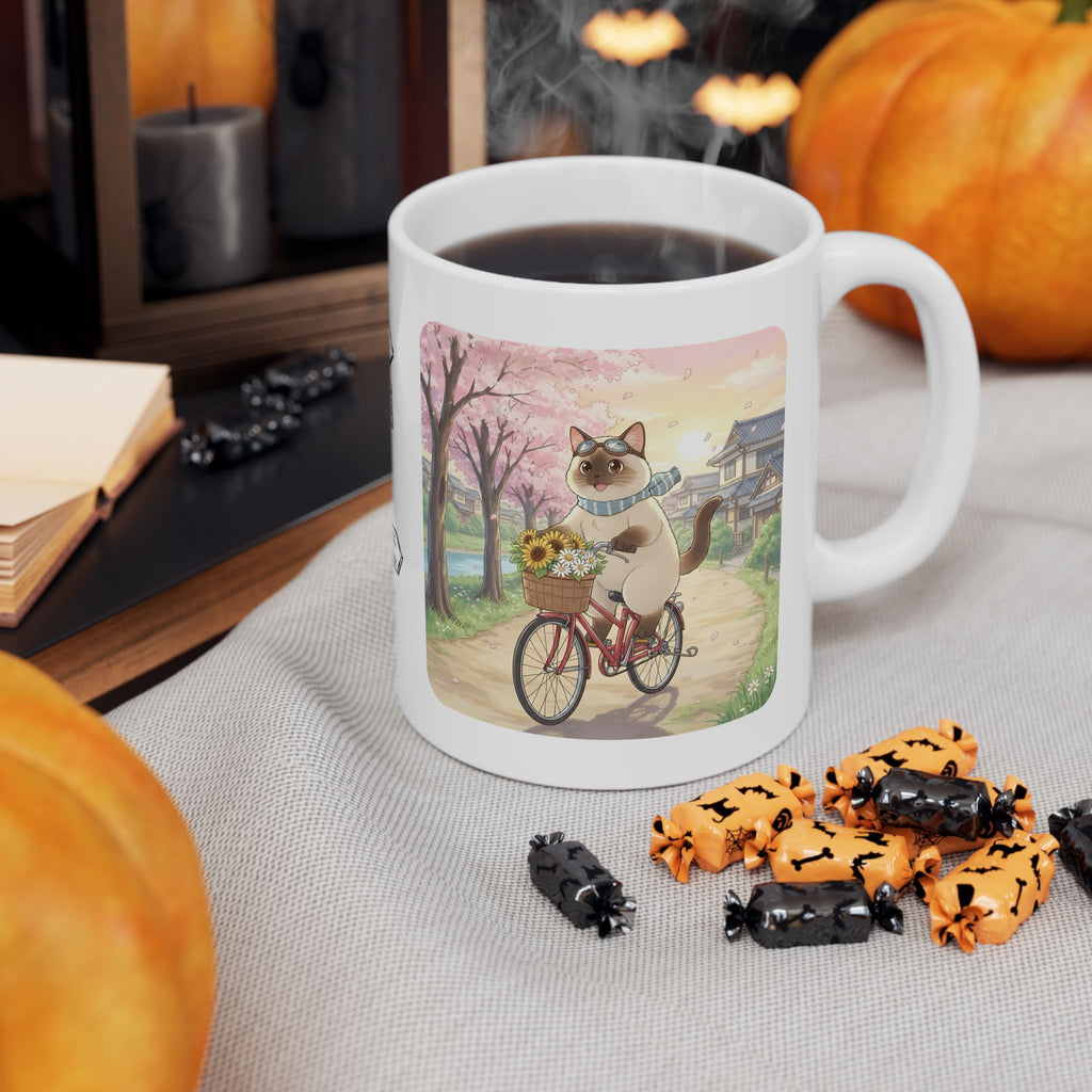 Kawaii Cats Riding Bikes in Sakura Japan White Ceramic Mug — Peaceful River Happy Paws Cup, 11o z & 15oz