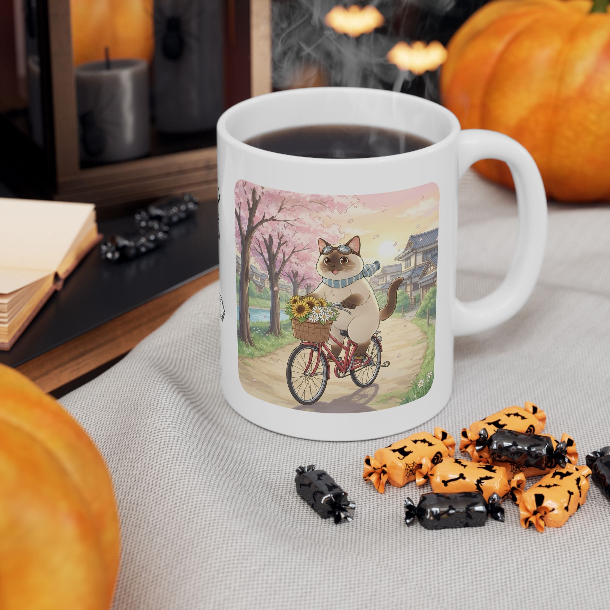 Kawaii Cats Riding Bikes in Sakura Japan White Ceramic Mug — Peaceful River Happy Paws Cup, 11o z & 15oz