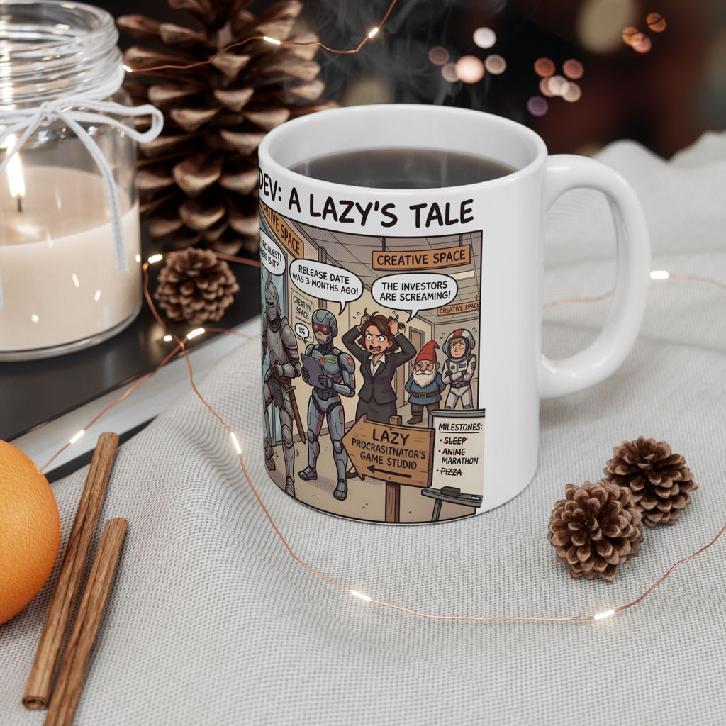 Humorous Game Developer White Ceramic Mug — 'The Life of the Indie Game Dev' Tea Cup (11oz/15oz)