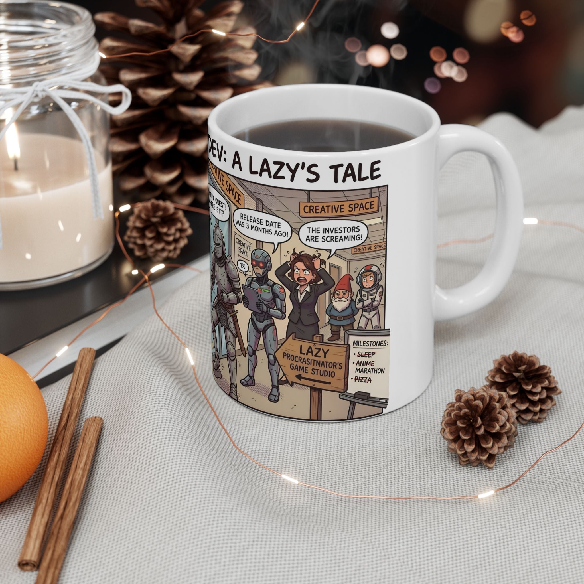 Humorous Game Developer White Ceramic Mug — 'The Life of the Indie Game Dev' Tea Cup (11oz/15oz)